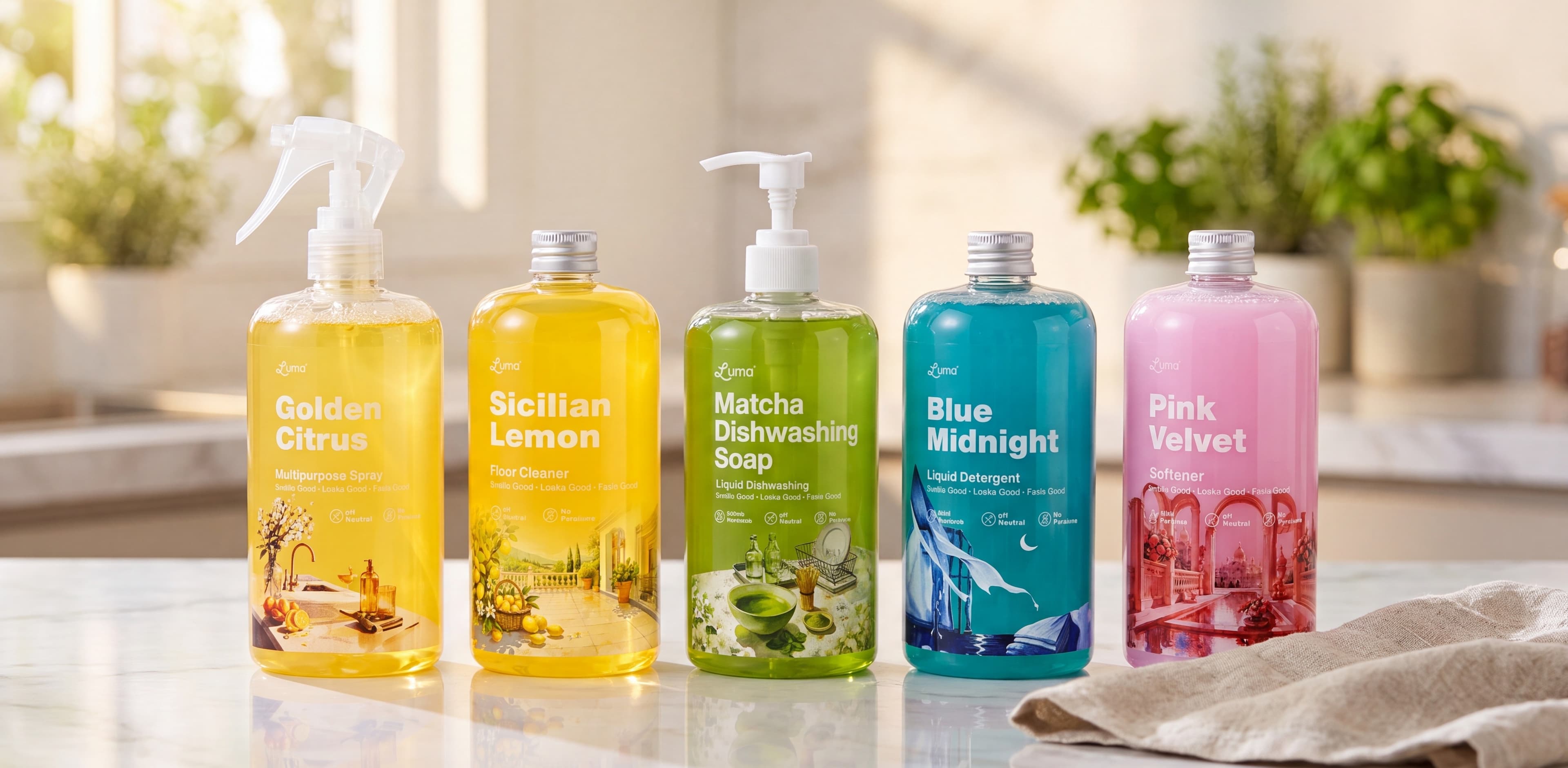 The full Luma product lineup — Golden Citrus Multipurpose Spray, Sicilian Lemon Floor Cleaner, Matcha Dishwashing Soap, Blue Midnight Liquid Detergent, and Pink Velvet Fabric Softener — arranged on a marble kitchen counter